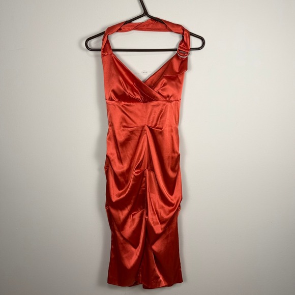 le chateau Dresses & Skirts - VTG Le Chateau Red Satin Halter Ruched Cocktail Dress Rhinestone Detail S CANADA
